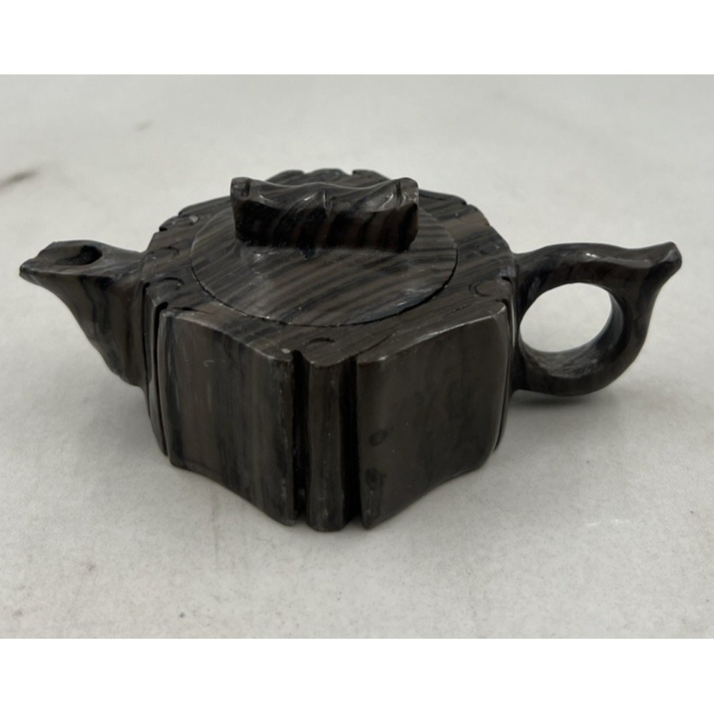 Onyx Marble Stone Teapot Grey Black Banded Decorative 4.5" Miniature